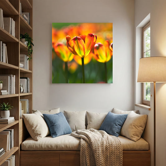 Sunlit Orange Tulips canvas wall art print displayed in a styled living room