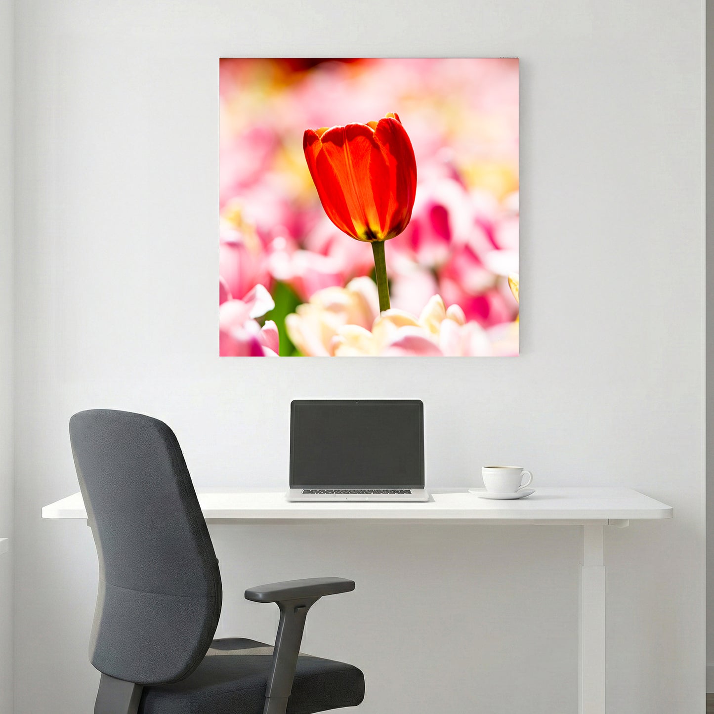 Red Tulip Pastel Bloom canvas wall art print styled in a modern interior