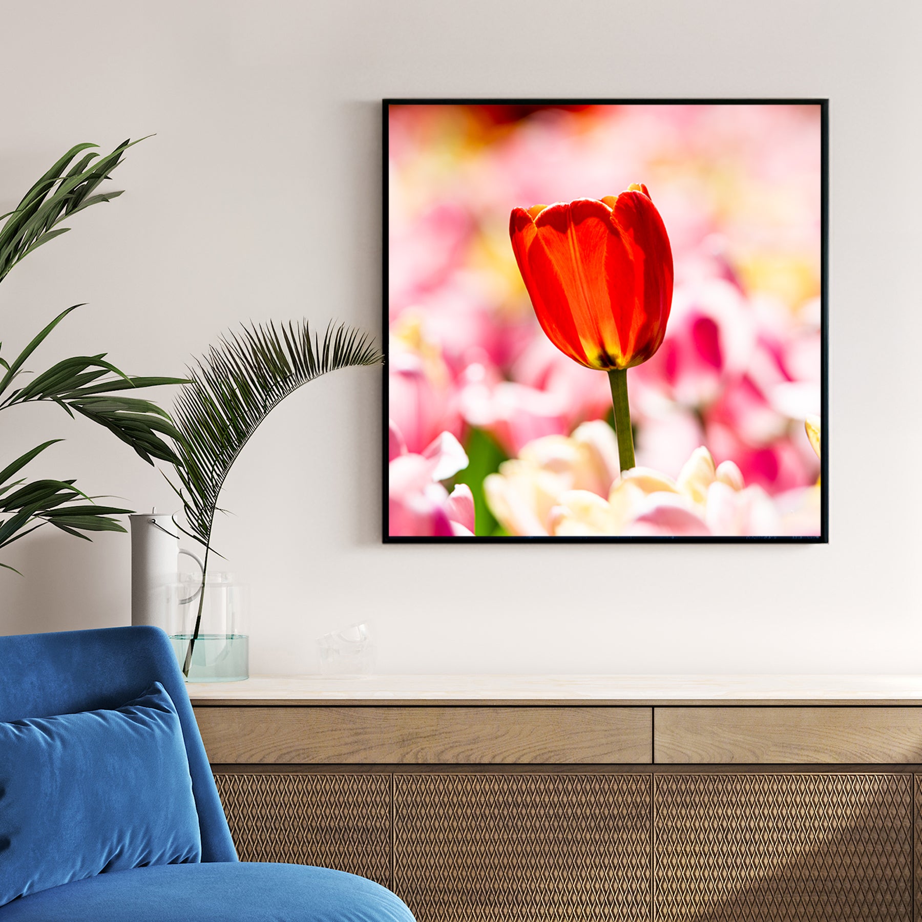 Red Tulip Pastel Bloom framed canvas wall art print in a gallery-style display