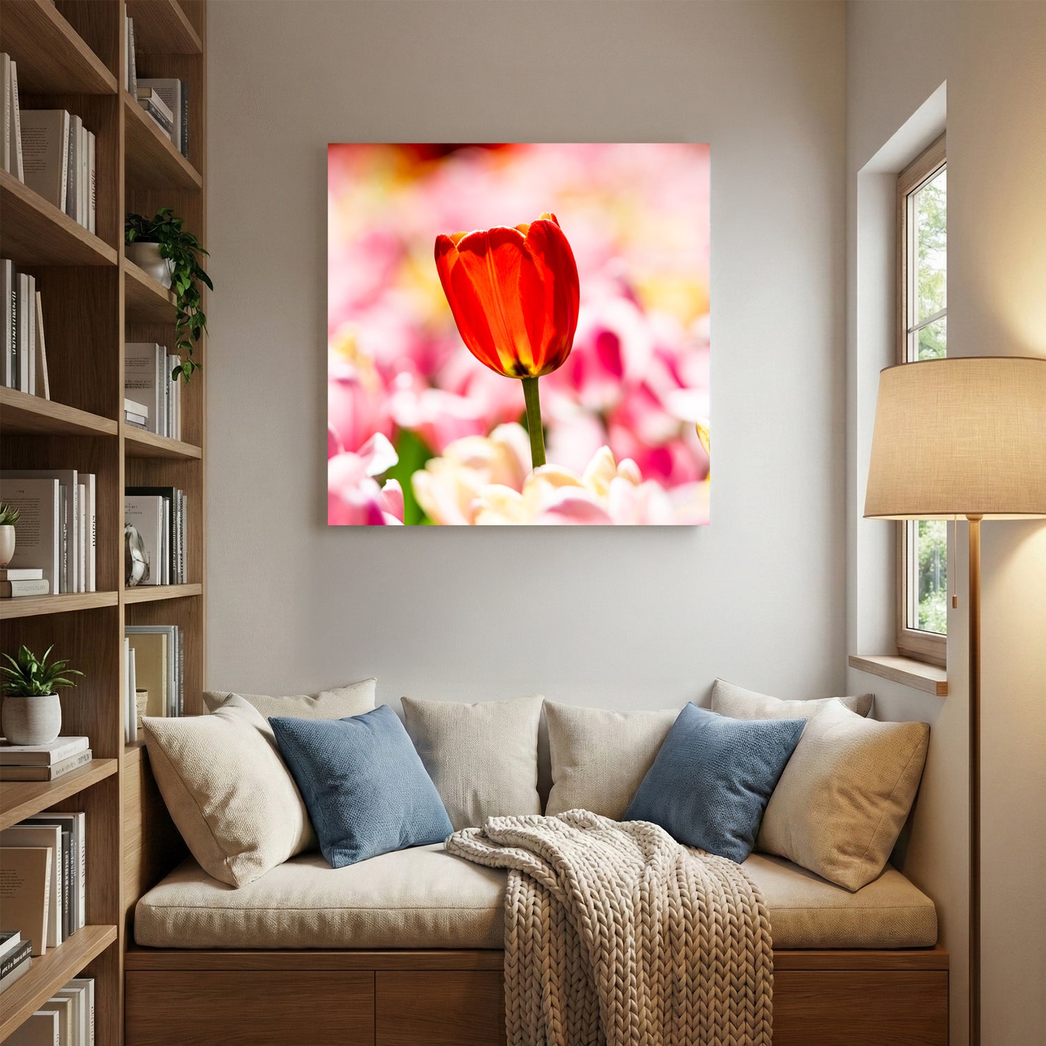 Red Tulip Pastel Bloom canvas wall art print displayed in a styled living room