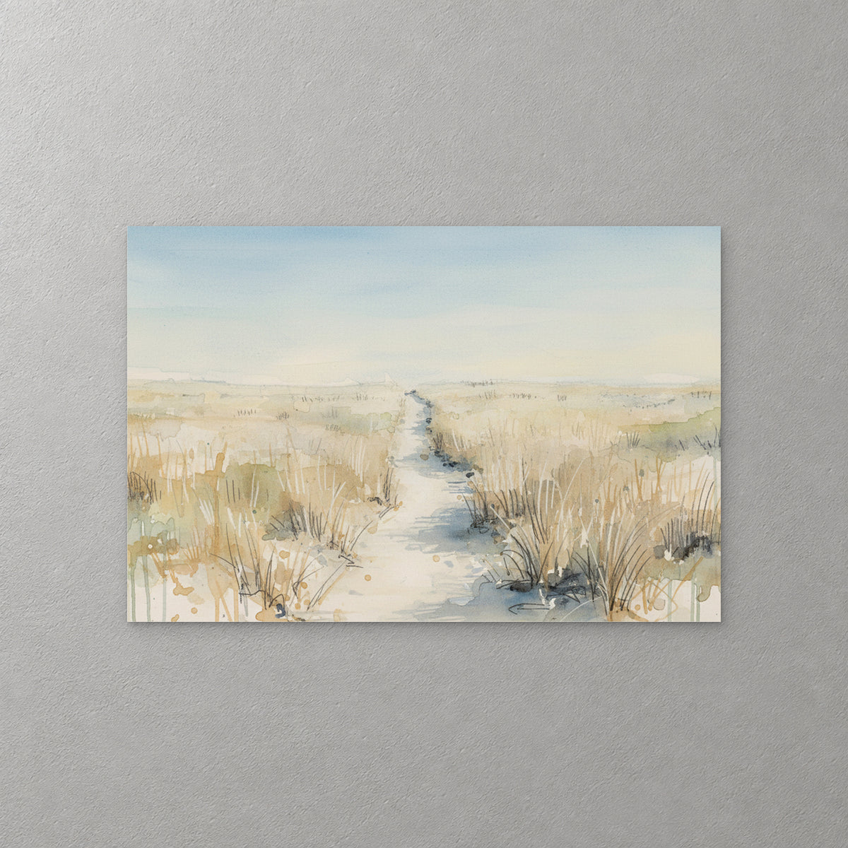 A pale sandy path runs through dune grass toward a flat, hazy horizon under a soft blue sky, in loose watercolour with drips along the bottom edge — canvas wall art print