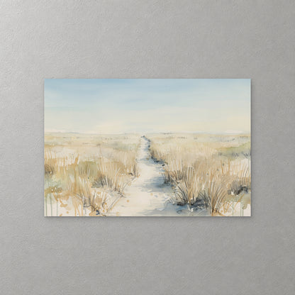 A pale sandy path runs through dune grass toward a flat, hazy horizon under a soft blue sky, in loose watercolour with drips along the bottom edge — canvas wall art print