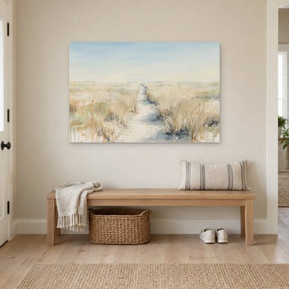 Sandy Dune Path Coastal canvas wall art above a wooden entryway bench with a woven basket