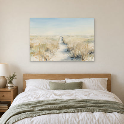 Sandy Dune Path Coastal canvas wall art above a bed with white linens and a sage throw