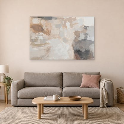Neutral Abstract Colour Blocks canvas wall art above a taupe sofa on a blush wall