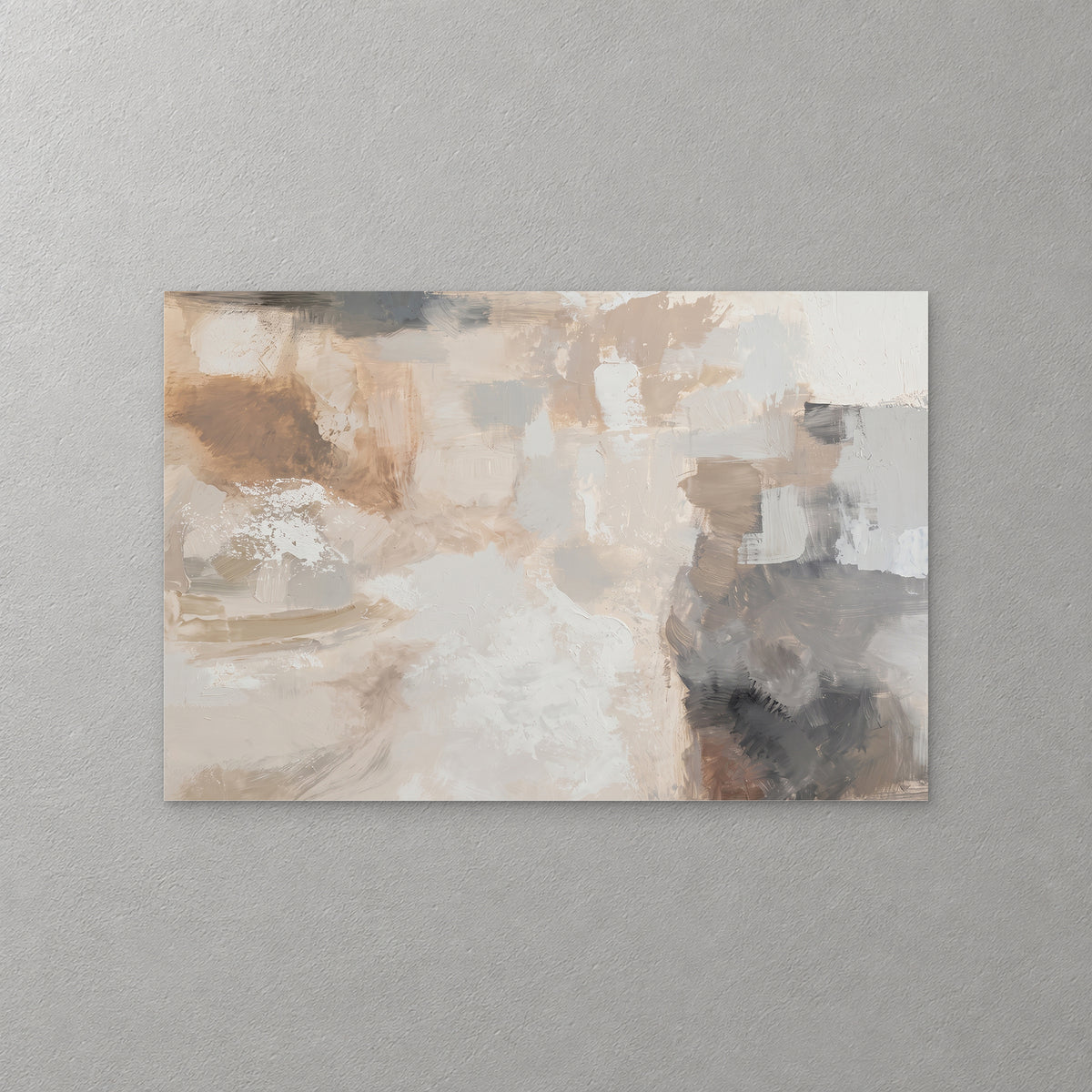 Soft blocks of cream, taupe, rust and charcoal overlap and blur into one another, with a dark grey mass anchoring the lower right — canvas wall art print