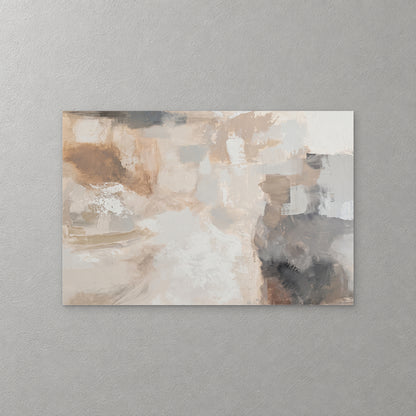 Soft blocks of cream, taupe, rust and charcoal overlap and blur into one another, with a dark grey mass anchoring the lower right — canvas wall art print
