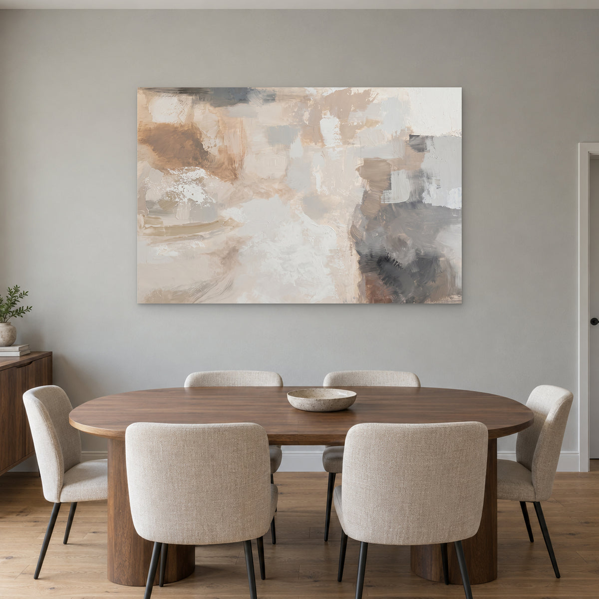 Neutral Abstract Colour Blocks canvas wall art above an oval wooden dining table with cream upholstered chairs