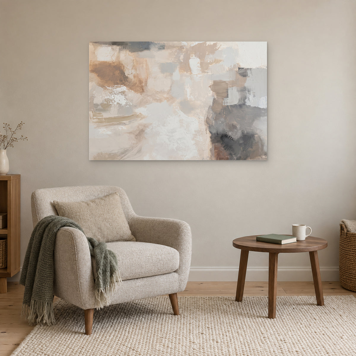 Neutral Abstract Colour Blocks canvas wall art above a cream armchair and round wooden side table
