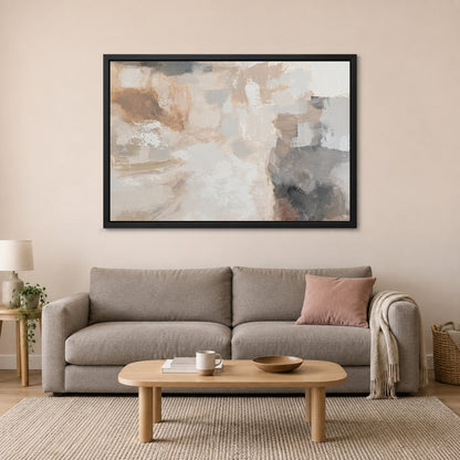 Neutral Abstract Colour Blocks framed canvas in a black floating frame above a taupe sofa on a blush wall