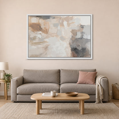 Neutral Abstract Colour Blocks framed canvas in a white floating frame above a taupe sofa on a blush wall