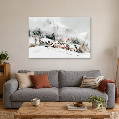Swiss Alps Winter Chalets canvas wall art above a grey sofa with rust and striped cushions