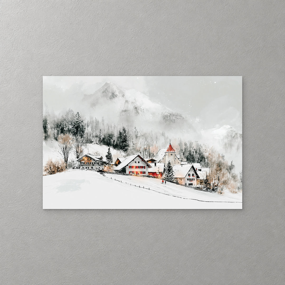 A snowy Swiss village of chalets and a red-spired church sits below misty mountains and dark pines, with a fence line crossing the white slope — canvas wall art print