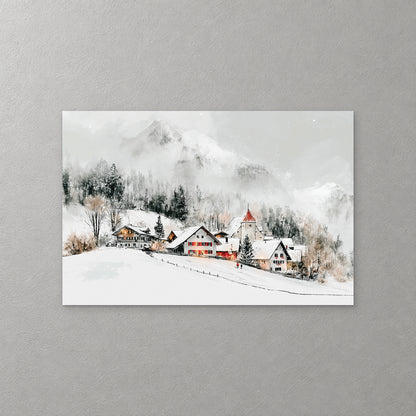 A snowy Swiss village of chalets and a red-spired church sits below misty mountains and dark pines, with a fence line crossing the white slope — canvas wall art print