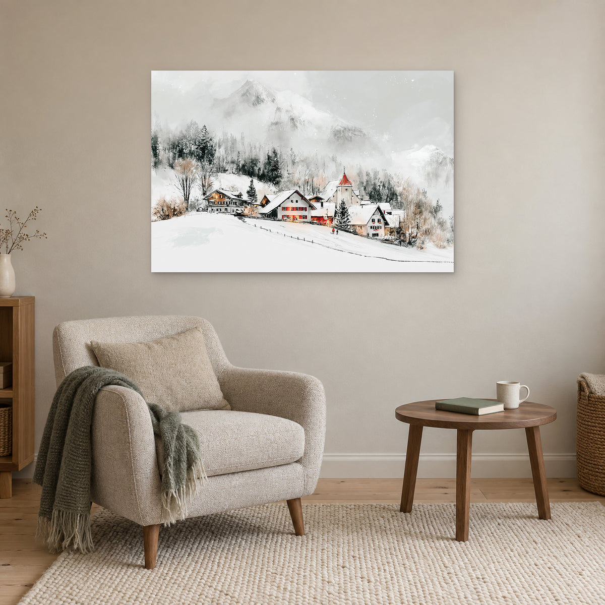 Swiss Alps Winter Chalets canvas wall art above a cream armchair and round wooden side table
