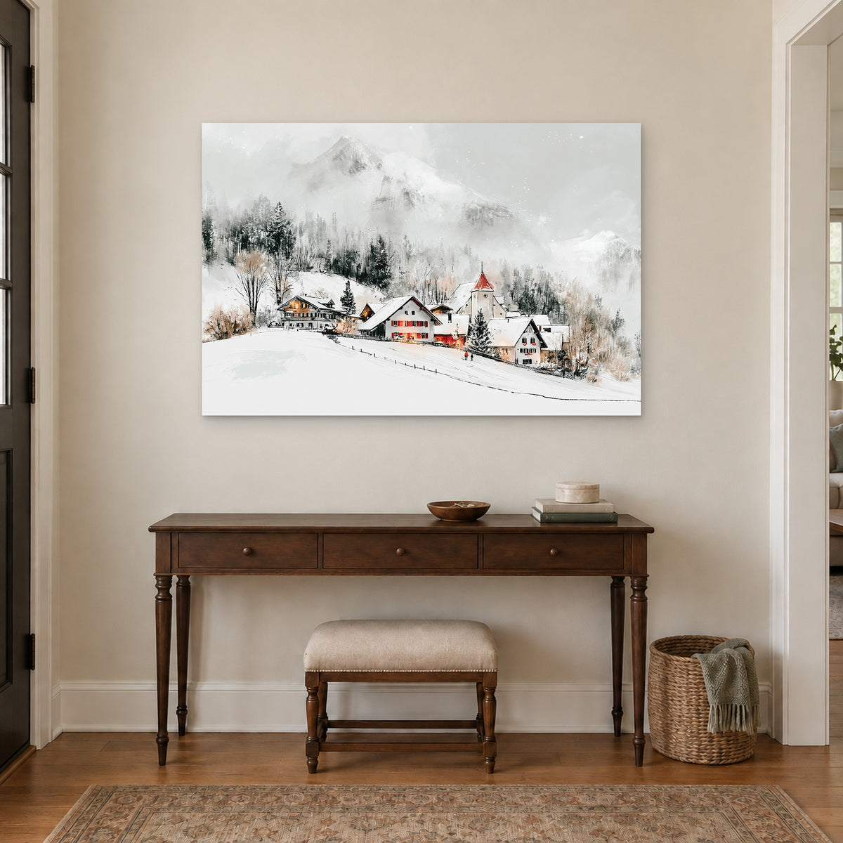 Swiss Alps Winter Chalets canvas wall art above a dark wood console table and upholstered bench in an entryway