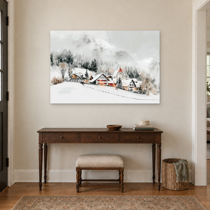 Swiss Alps Winter Chalets canvas wall art above a dark wood console table and upholstered bench in an entryway