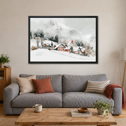 Swiss Alps Winter Chalets framed canvas in a black floating frame above a grey sofa with rust and striped cushions
