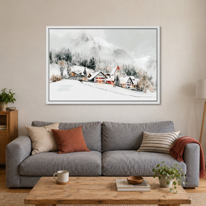 Swiss Alps Winter Chalets framed canvas in a white floating frame above a grey sofa with rust and striped cushions