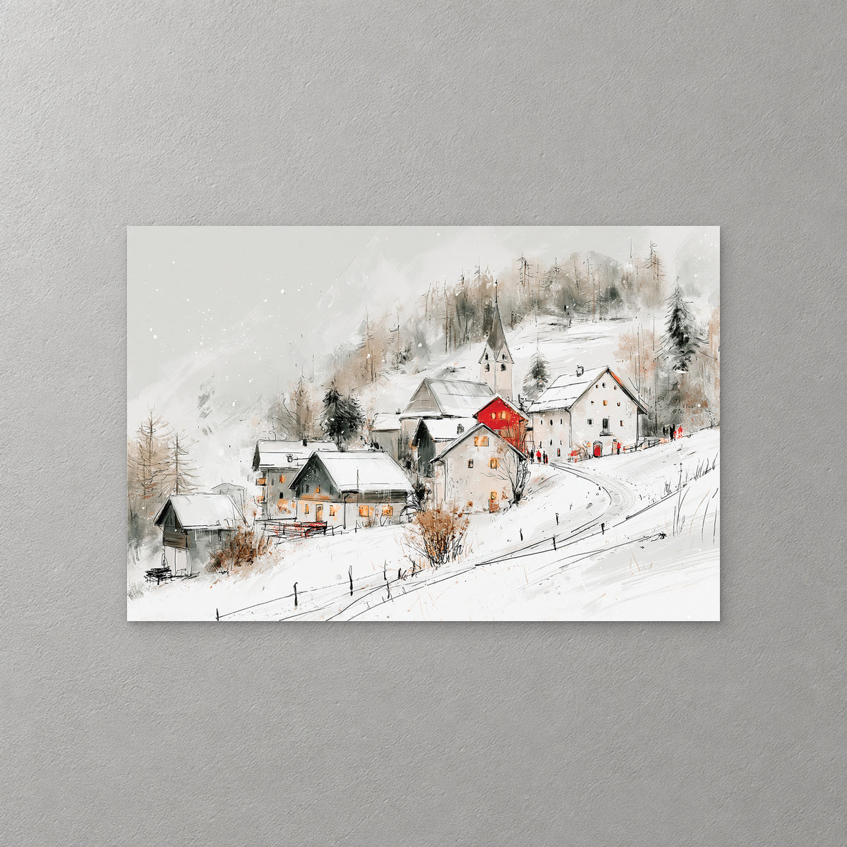 A snowy alpine hamlet climbs a hillside toward a church steeple, one red house among the white ones and a track curving through the snow below — canvas wall art print