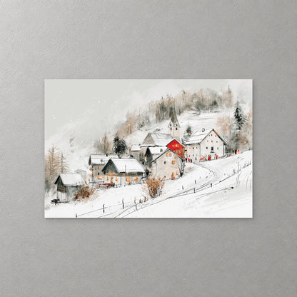 A snowy alpine hamlet climbs a hillside toward a church steeple, one red house among the white ones and a track curving through the snow below — canvas wall art print