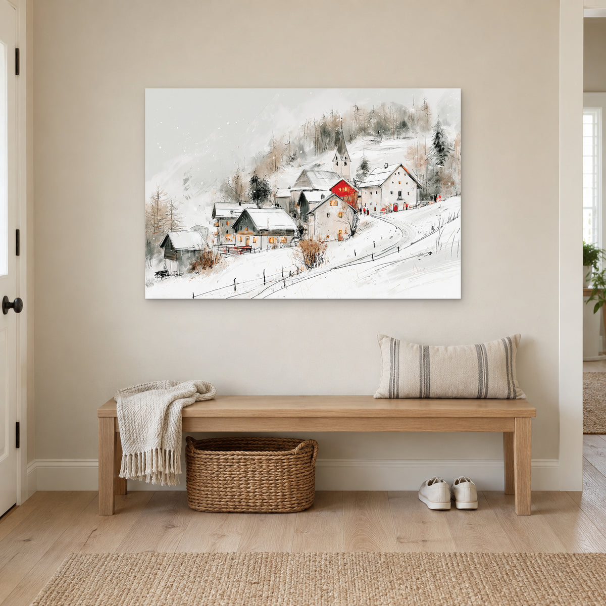 Swiss Alps Hamlet Church canvas wall art above a wooden entryway bench with a woven basket