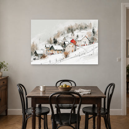 Swiss Alps Hamlet Church canvas wall art above a small wooden dining table with black bentwood chairs