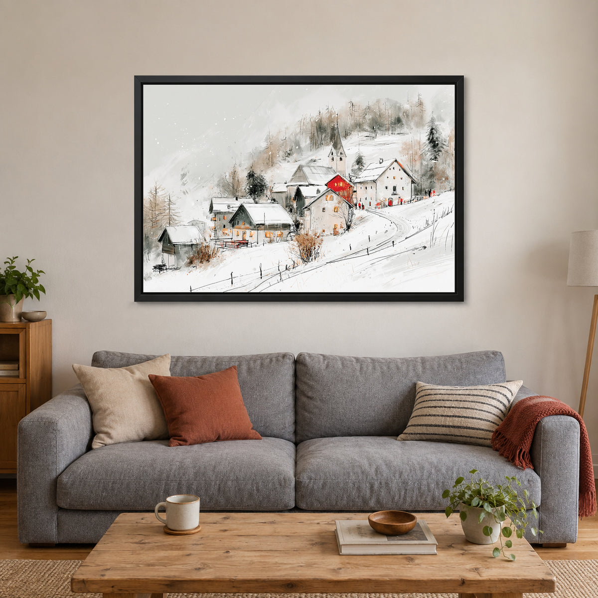 Swiss Alps Hamlet Church framed canvas in a black floating frame above a grey sofa with rust and striped cushions