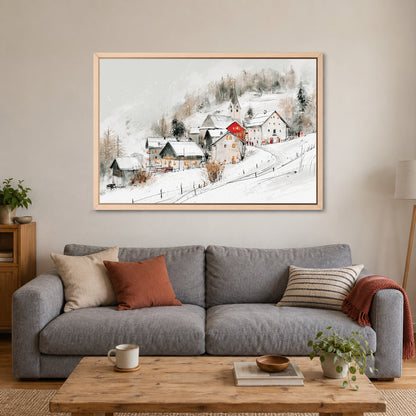 Swiss Alps Hamlet Church framed canvas in a natural wood floating frame above a grey sofa with rust and striped cushions
