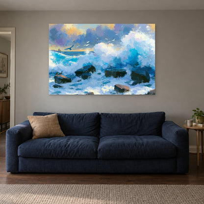 Crashing Ocean Waves Gold Sunset canvas wall art above a navy sofa in a living room