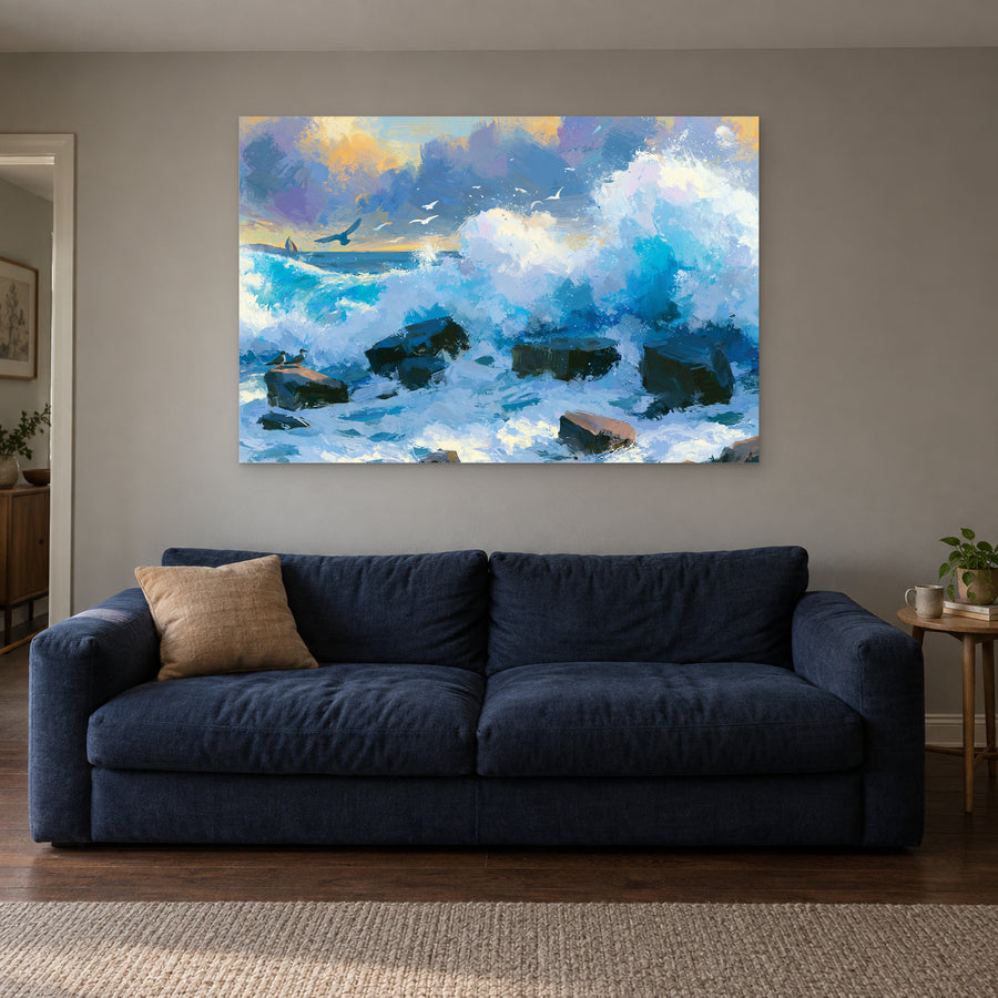 Crashing Ocean Waves Gold Sunset canvas wall art above a navy sofa in a living room