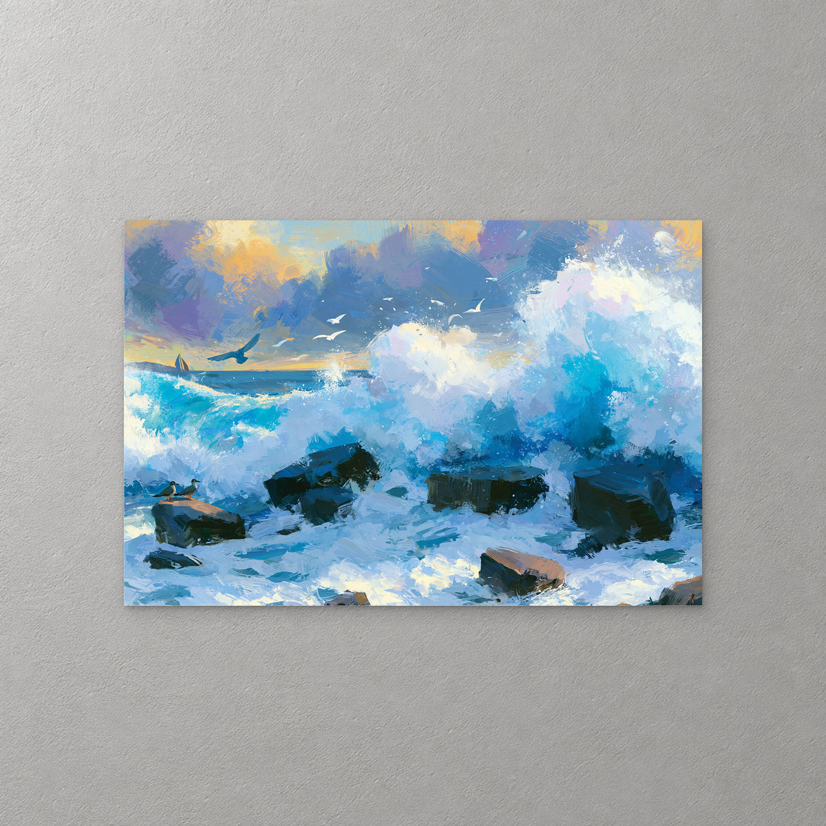 Blue and white surf crashes over dark rocks under a violet and gold sky, with gulls overhead and a small sailboat on the horizon — canvas wall art print