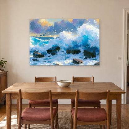 Crashing Ocean Waves Gold Sunset canvas wall art above a wooden dining table with rust-cushioned chairs