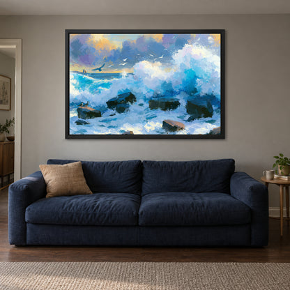 Crashing Ocean Waves Gold Sunset framed canvas in a black floating frame above a navy sofa