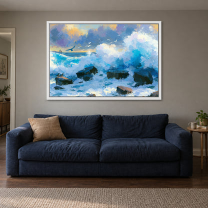Crashing Ocean Waves Gold Sunset framed canvas in a white floating frame above a navy sofa