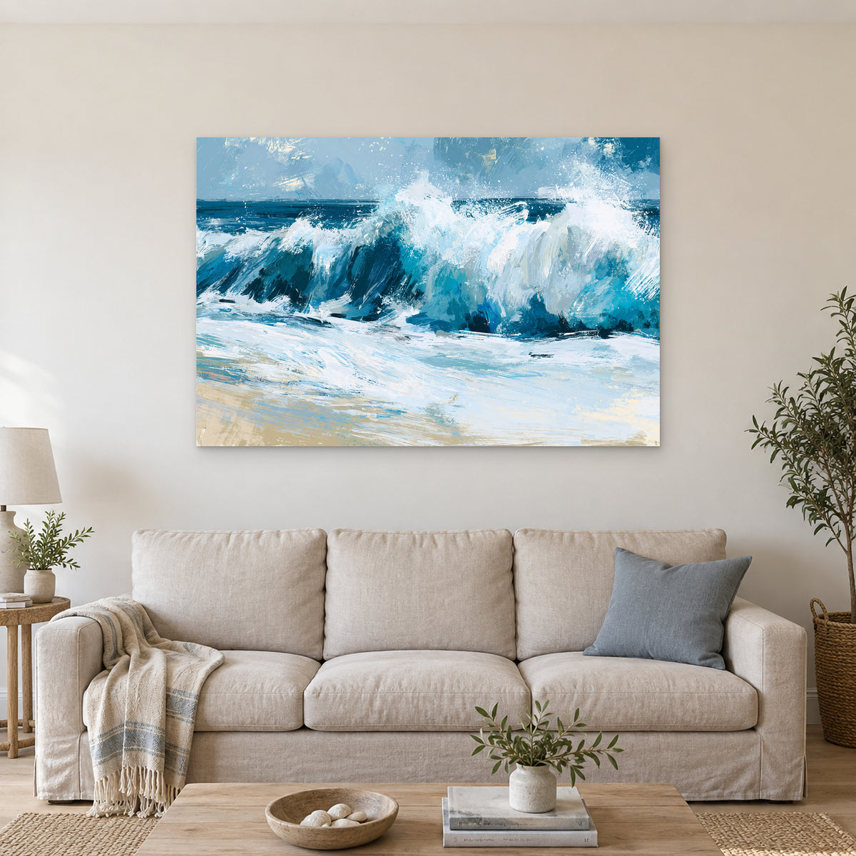 Breaking Ocean Wave Teal Surf canvas wall art above a linen sofa with a blue cushion in a bright living room