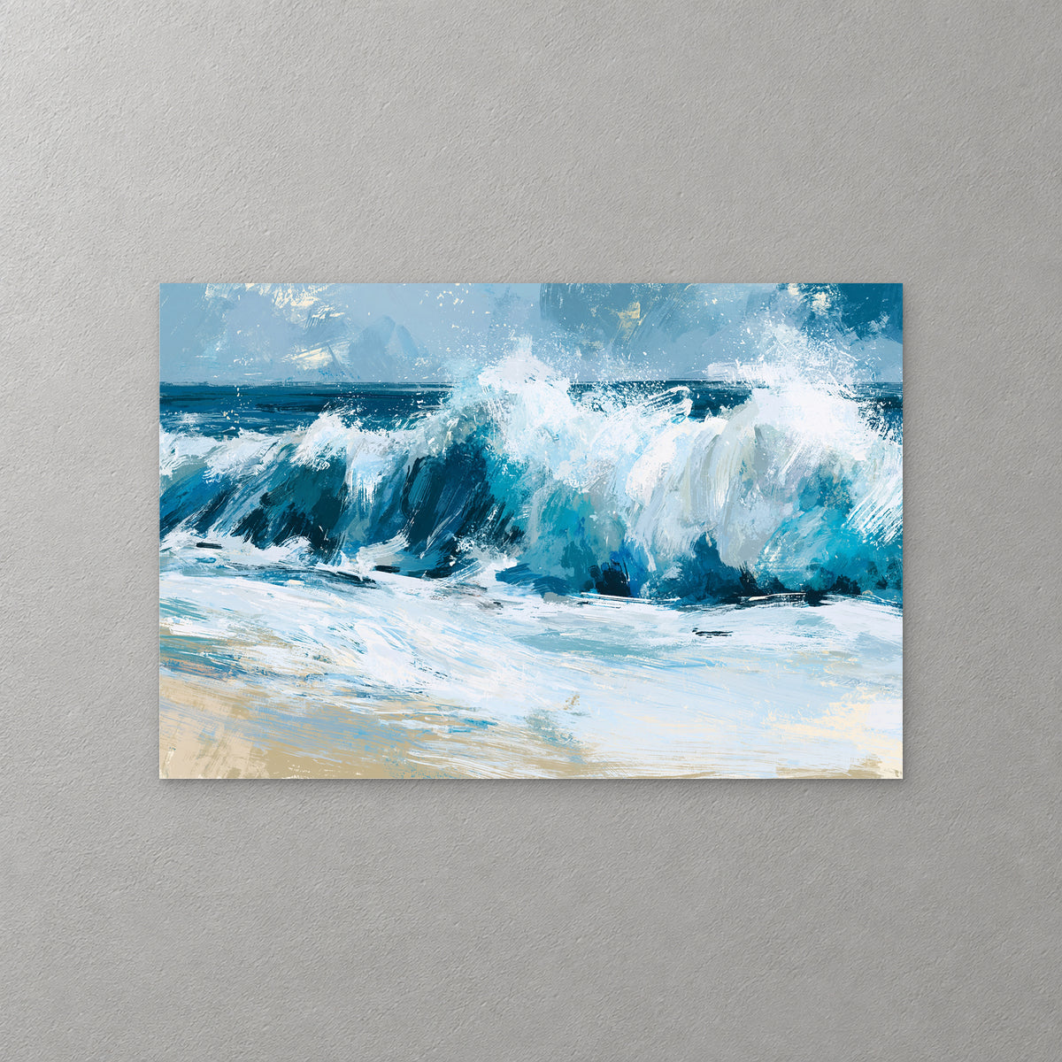 A teal and navy wave curls and breaks into white spray over a pale sandy shore under a soft blue sky — canvas wall art print