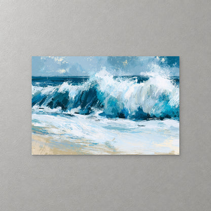 A teal and navy wave curls and breaks into white spray over a pale sandy shore under a soft blue sky — canvas wall art print