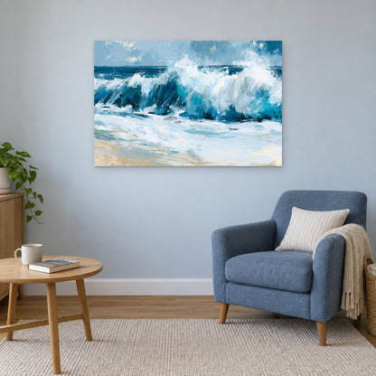 Breaking Ocean Wave Teal Surf canvas wall art above a blue armchair and round wooden side table in a reading corner