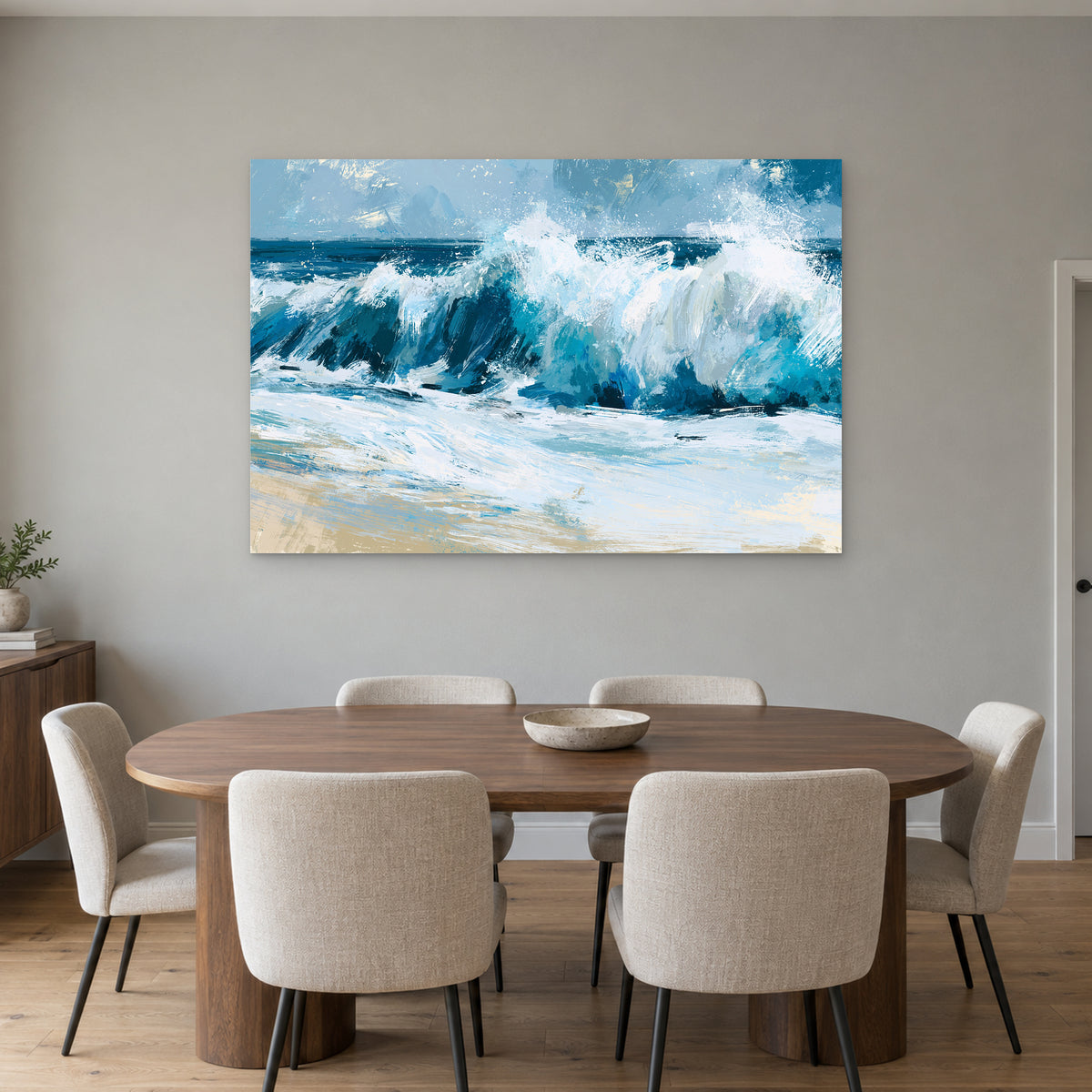 Breaking Ocean Wave Teal Surf canvas wall art above an oval wooden dining table with cream upholstered chairs