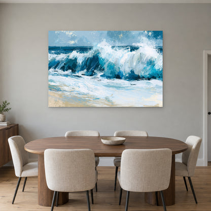 Breaking Ocean Wave Teal Surf canvas wall art above an oval wooden dining table with cream upholstered chairs