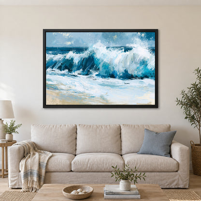 Breaking Ocean Wave Teal Surf framed canvas in a black floating frame above a linen sofa with a blue cushion