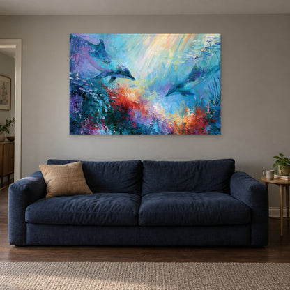 Dolphins Coral Reef canvas wall art above a navy sofa in a living room
