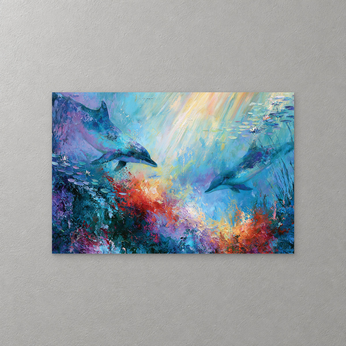 Two dolphins glide through a sunlit reef, light streaming down past schools of small fish onto red, orange and violet coral — canvas wall art print