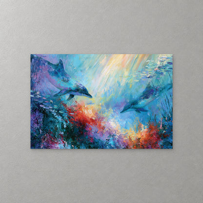Two dolphins glide through a sunlit reef, light streaming down past schools of small fish onto red, orange and violet coral — canvas wall art print