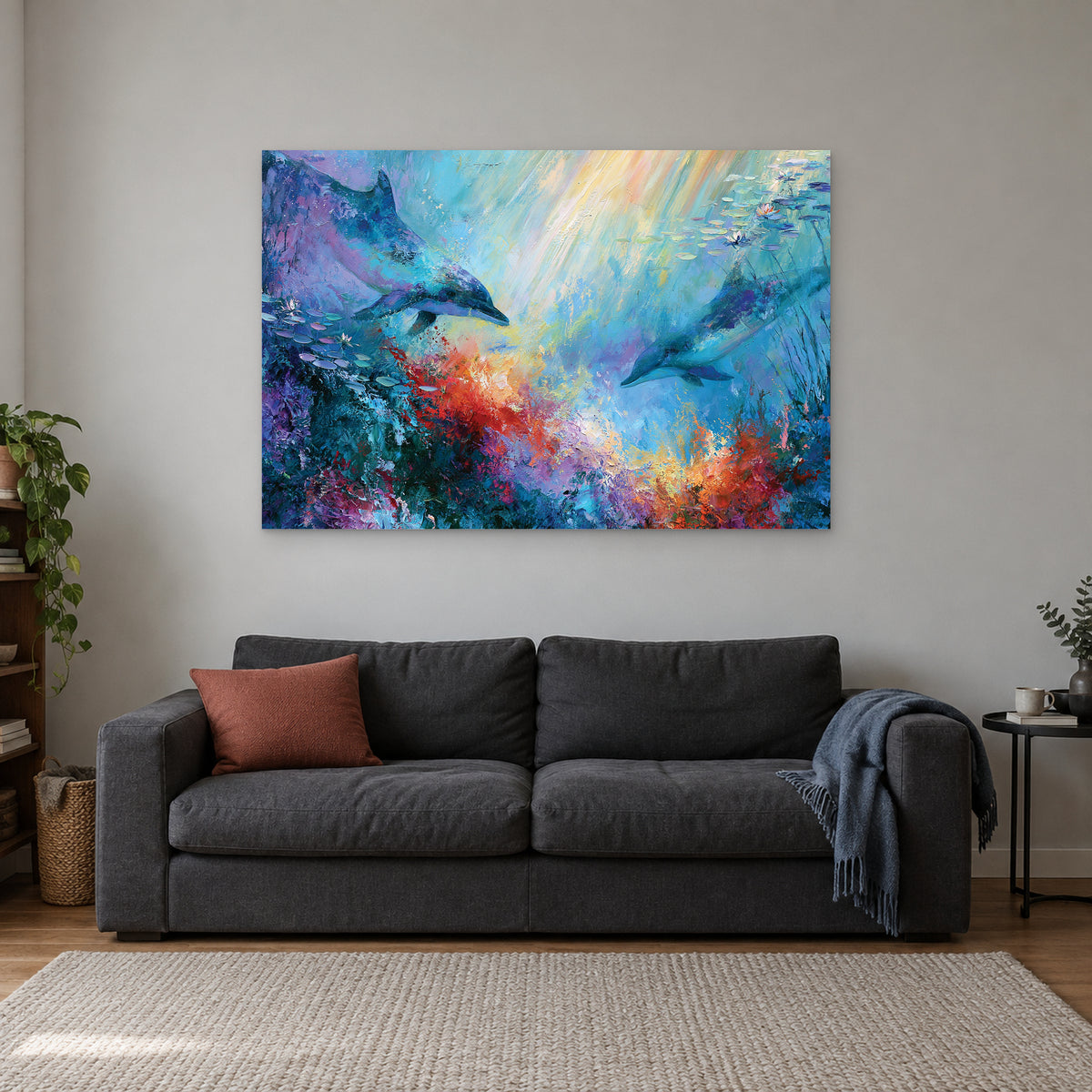 Dolphins Coral Reef canvas wall art above a charcoal sofa with a rust cushion