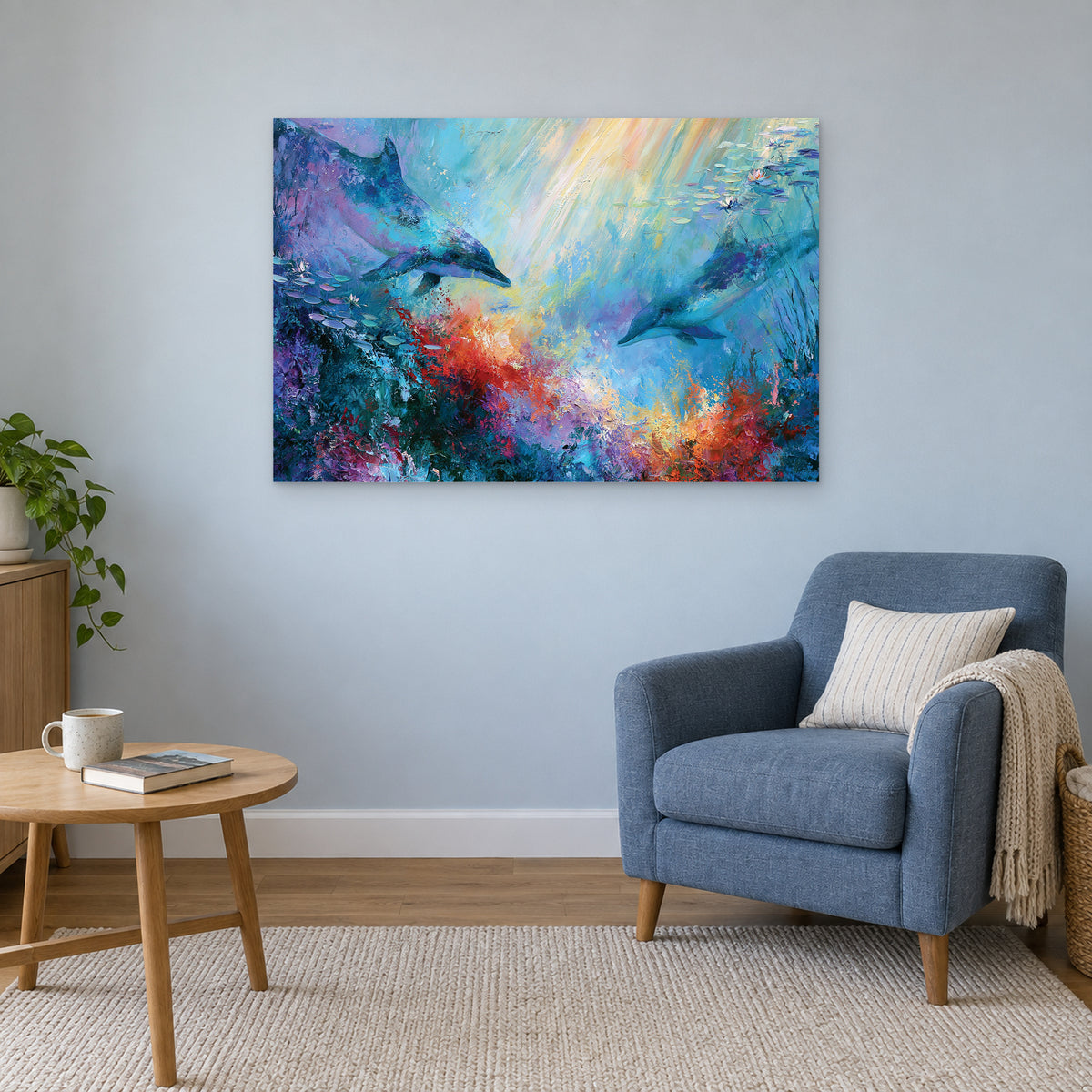 Dolphins Coral Reef canvas wall art above a blue armchair and round wooden side table in a reading corner