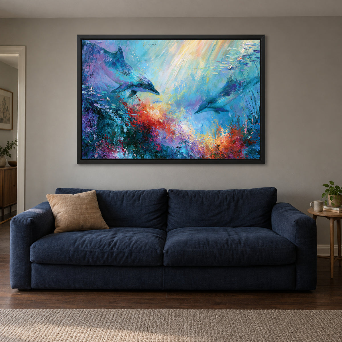 Dolphins Coral Reef framed canvas in a black floating frame above a navy sofa
