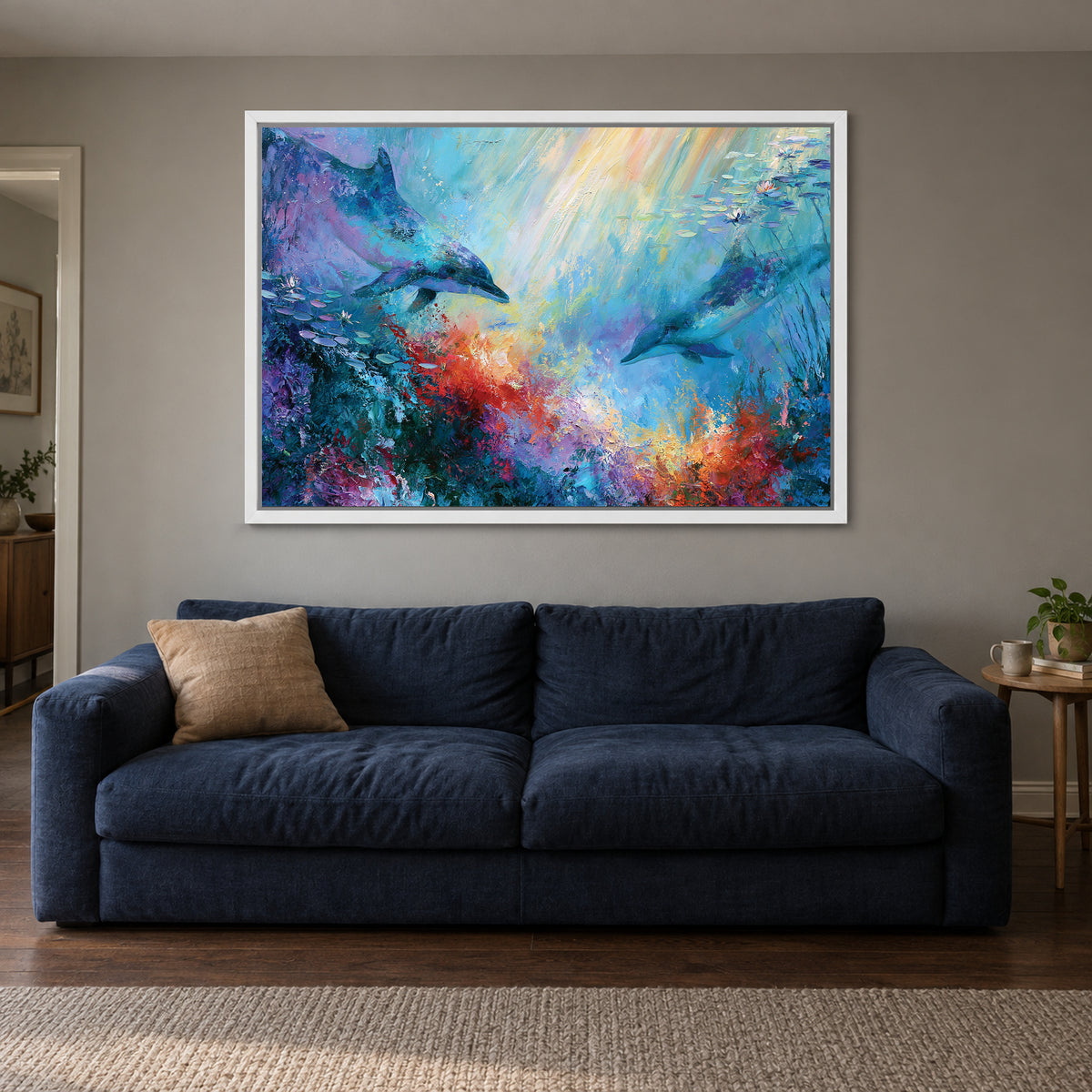 Dolphins Coral Reef framed canvas in a white floating frame above a navy sofa
