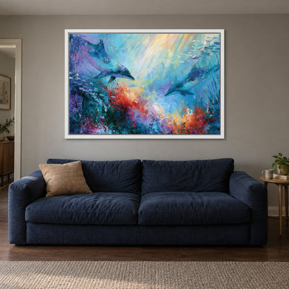 Dolphins Coral Reef framed canvas in a white floating frame above a navy sofa